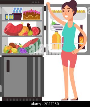 Femme pensant snacking au réfrigérateur avec des aliments malsains. Les gens qui mangent à la nuit régime vecteur concept. Cuisine réfrigérateur et femme de pensée illustration Illustration de Vecteur