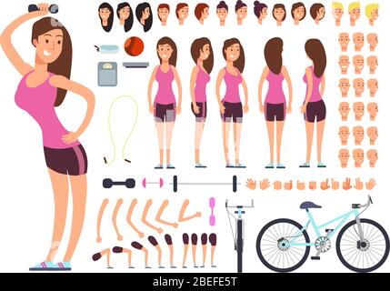 Jeune femme de fitness, sportif. Vecteur de création de constuctor avec un grand ensemble de parties de corps de femme et d'équipement de sport. Illustration du corps de personnage de femme et du constructeur sportif Illustration de Vecteur