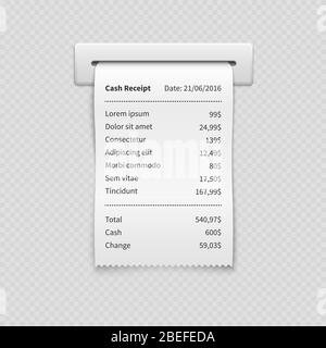 Reçu imprimé des ventes, dépôt de facture de papier d'achat sur guichet automatique isolé sur fond transparent. Illustration vectorielle Illustration de Vecteur