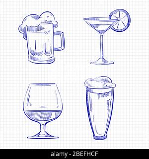 Le stylo bille croquis boit de l'alcool sur la page de l'ordinateur portable. Illustration vectorielle Illustration de Vecteur