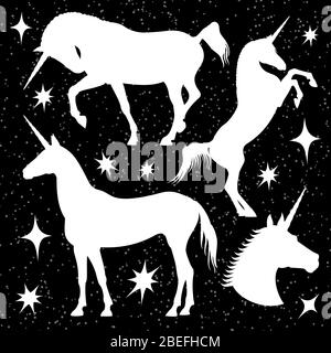 Silhouettes licorne blanches avec étoiles sur fond noir. Cheval unicorn vectoriel, illustration noire d'animal magique vectoriel Illustration de Vecteur