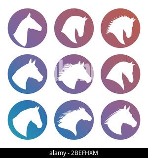 Têtes de cheval silhouettes blanches dans un jeu d'icônes rondes. Illustration vectorielle Illustration de Vecteur