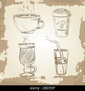 Thé au café et limonade à la main sur fond vintage. Illustration vectorielle Illustration de Vecteur