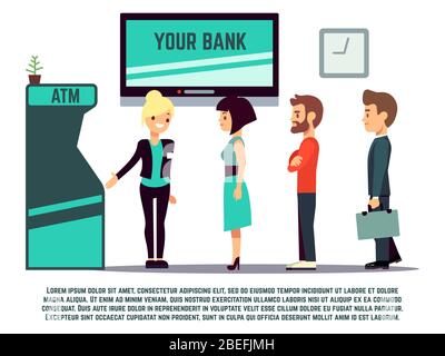 File d'attente ATM avec conseiller bancaire - concept de service bancaire. Illustration vectorielle Illustration de Vecteur