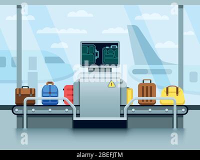 Courroie de convoyeur d'aéroport avec bagages de passager et scanner de police. Concept vectoriel de point de contrôle de terminal. Convoyeur de bagages de l'aéroport sur l'illustration du terminal Illustration de Vecteur