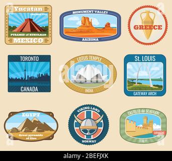 Des sites internationaux célèbres vectoriels vintage stickers voyage. Célèbre monument pour le tourisme et l'illustration de voyage Illustration de Vecteur