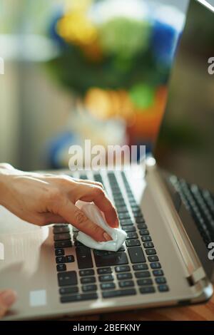 Gros plan sur le clavier d'un ordinateur portable à essuyage femelle avec un chiffon de nettoyage à la maison en journée ensoleillée. Banque D'Images