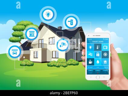Design vectoriel représentant une maison intelligente moderne contrôlée par une application mobile sur un smartphone. Illustration de Vecteur