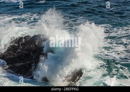 Vagues se brisant sur la rive rocheuse du lieu historique national du phare du Cap-Spear, près de St. John's, Terre-Neuviens, Canada Banque D'Images