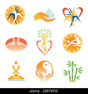 Icônes massage au spa de fitness. Ensemble de symboles colorés avec le sport, détente et soins de santé de la santé. Vecteur disponible. Illustration de Vecteur