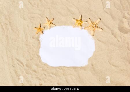 Un papier à note encadré de sable de mer, coquillages, corail et étoiles de mer sur la plage de sable doré une journée ensoleillée. Vacances d'été et concept de relaxation. Backgro Banque D'Images