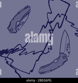 Illustration d'un couteau pliable ouvert et fermé sur fond bleu de grunge Illustration de Vecteur