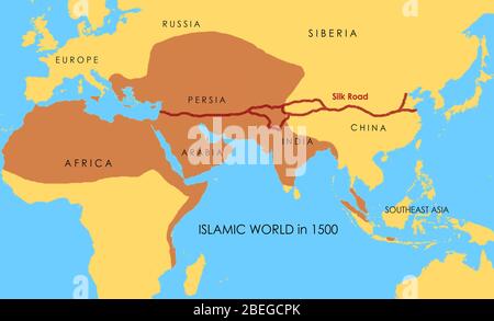 Une carte montrant la route de la soie, qui relie l'est et l'Ouest entre le 2ème siècle BCE et le 18ème siècle. Les zones en jaune foncé indiquent l'étendue du monde islamique en 1500. Banque D'Images