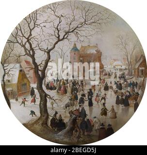 Hendrick Averkamp une scène d'hiver avec des patineurs près d'un château. Banque D'Images