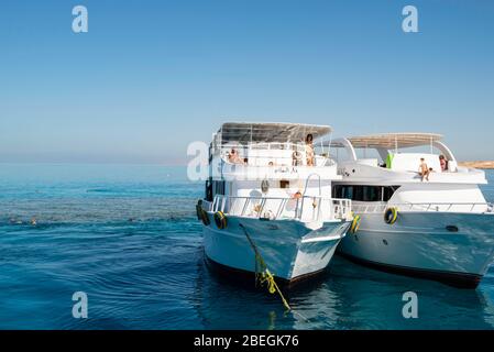 Canotage et plongée en apnée sur la mer Rouge, au large de la côte de Charm el-Cheikh, Egypte. Banque D'Images