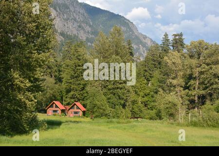 Chalets et terrains du Tweedsmuir Park Lodge, Colombie-Britannique, Canada Banque D'Images