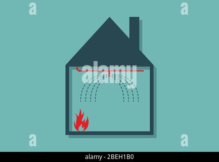 Brûlage de maison avec système de gicleurs d'eau activée, symbole minimaliste de vecteur illustration Illustration de Vecteur