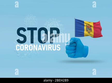 COVID-19 concept visuel - texte-main Stop Coronavirus, geste de la main contre infection virale, poing serré garde le drapeau de la Moldavie. Pandémie tridimensionnelle Banque D'Images