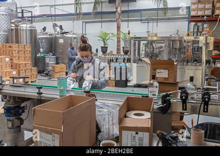 Ferndale, Michigan, États-Unis. 13 avril 2020. L'aseptisant pour les mains est fabriqué et mis en bouteille à Valentine Distiling Co. La distillerie a arrêté sa production de bourbon, de gin et de vodka en faveur de l'aseptisant pour les mains en raison de la pandémie de coronavirus. Crédit: Jim West/Alay Live News Banque D'Images