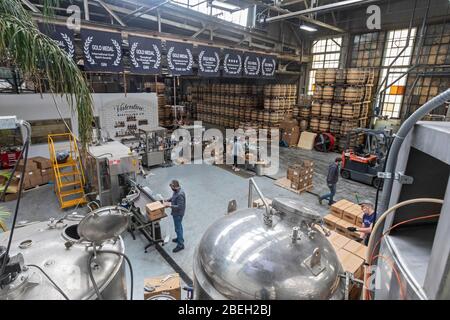 Ferndale, Michigan, États-Unis. 13 avril 2020. L'aseptisant pour les mains est fabriqué et mis en bouteille à Valentine Distiling Co. La distillerie a arrêté sa production de bourbon, de gin et de vodka en faveur de l'aseptisant pour les mains en raison de la pandémie de coronavirus. Crédit: Jim West/Alay Live News Banque D'Images