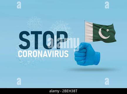 COVID-19 concept visuel - texte de la main Stop Coronavirus, geste de la main contre infection virale, poing serré garde le drapeau du Pakistan. Pandémie tridimensionnelle Banque D'Images