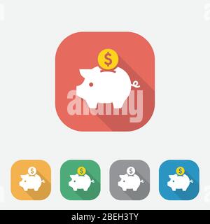 Piggy Bank à la mode avec icône à pièces plates et ombres longues, économie d'icône ou accumulation d'argent, investissement, bouton carré coloré pour le site Web, l'application, l'interface utilisateur, UX, eps10 Illustration de Vecteur