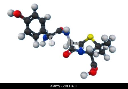 Un modèle moléculaire d'amoxicilline, un antibiotique utilisé pour traiter les infections bactériennes telles que la gorge de streptocoque, les infections des voies urinaires, les salmonelles, la pneumonie et la maladie de lyme. L'amoxicilline est facilement absorbée par l'organisme, ce qui en fait l'un des antibiotiques les plus courants prescrits aux patients, et fonctionne en inhibant la synthèse des parois cellulaires bactériennes. Les atomes sont de couleur gris foncé (carbone), gris clair (hydrogène), rouge (oxygène), bleu (azote) et jaune (soufre). Banque D'Images