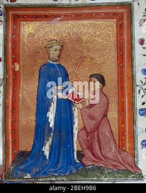 Henry, Prince de Galles, présentant ce livre à John Mowbray. Thomas Hocceve, Régement des Princes, Londres, ch. 1411-1413, Arundel 38, F. 37détail. Banque D'Images