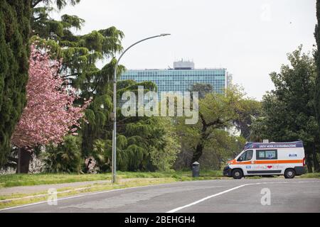 Roma, Italie. 13 avril 2020. Floraison de Sakura, cerisiers japonais, dans EUR Lake Park à Rome, pendant le maintien de la pandémie de Covid-19. (Photo de Matteo Nardone/Pacific Press) crédit: Agence de presse du Pacifique/Alay Live News Banque D'Images
