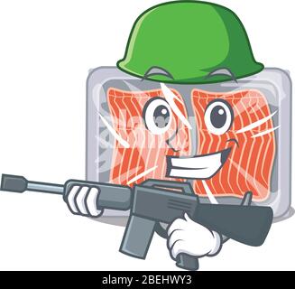 Une photo de dessin animé de saumon congelé dans le style de l'Armée avec mitrailleuse Illustration de Vecteur