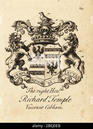 Armoiries du très honorable Richard Temple, 1ère Vicomte Cobham, (1675-1749). Gravure de Copperplate par Andrew Johnston après C. Gardiner de Notitia Anglicana, Shwing the Réalisations of all the English noblesse, Andrew Johnson, The Strand, Londres, 1724. Banque D'Images