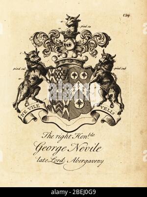 Armoiries du très honorable George Nevile, premier seigneur Abergaveny, 1727-1785. Gravure de Copperplate par Andrew Johnston après C. Gardiner de Notitia Anglicana, Shwing the Réalisations of all the English noblesse, Andrew Johnson, The Strand, Londres, 1724. Banque D'Images