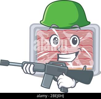 Une photo de dessin animé de bacon fumé congelé dans le style de l'Armée avec mitrailleuse Illustration de Vecteur