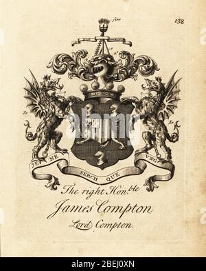Armoiries du très honorable James Compton, Lord Compton, 5ème comte de Northampton, 1687-1754. Gravure de Copperplate par Andrew Johnston après C. Gardiner de Notitia Anglicana, Shwing the Réalisations of all the English noblesse, Andrew Johnson, The Strand, Londres, 1724. Banque D'Images