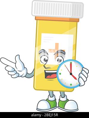 Concept de mascotte de biberon de médecine tenant une horloge circulaire Illustration de Vecteur