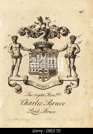 Armoiries du très honorable Charles Bruce, Lord Bruce, 3ème comte d'Ailesbury, 4ème comte d'Elgin, 1682-1747, d'Ampthill. Gravure de Copperplate par Andrew Johnston après C. Gardiner de Notitia Anglicana, Shwing the Réalisations of all the English noblesse, Andrew Johnson, The Strand, Londres, 1724. Banque D'Images