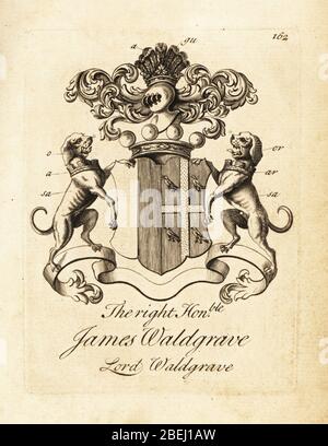 Armoiries du très honorable James Waldgrave, Lord Waldgrave. Gravure de Copperplate par Andrew Johnston après C. Gardiner de Notitia Anglicana, Shwing the Réalisations of all the English noblesse, Andrew Johnson, The Strand, Londres, 1724. Banque D'Images