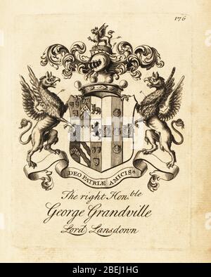 Armoiries du très honorable George Grandville, Lord Lansdown, premier baron Landsown, 1666-1735. Gravure de Copperplate par Andrew Johnston après C. Gardiner de Notitia Anglicana, Shwing the Réalisations of all the English noblesse, Andrew Johnson, The Strand, Londres, 1724. Banque D'Images