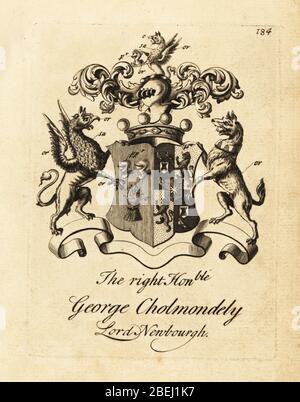 Armoiries du très honorable George Cholmondely, Lord Newbourgh, 2ème comte de Cholmondeley, 1666-1733. Gravure de Copperplate par Andrew Johnston après C. Gardiner de Notitia Anglicana, Shwing the Réalisations of all the English noblesse, Andrew Johnson, The Strand, Londres, 1724. Banque D'Images