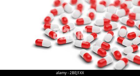 Les capsules de pilule rouge se regroupent sur fond blanc - médecine, industrie pharmaceutique ou concept de santé, mise au point sélective, illustration tridimensionnelle Banque D'Images