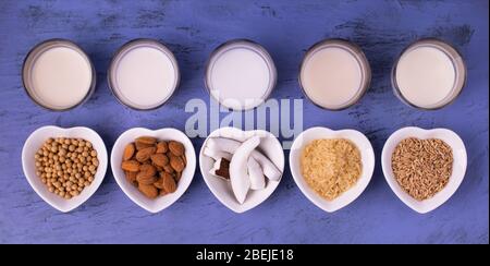 types de lait de légumes, bio, en verres sur la table en pierre bleue. vue de dessus Banque D'Images