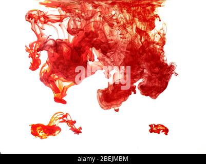 couleur de l'encre rouge dans l'eau. Arrière-plan abstrait., la peinture couleur chute dans l'eau. Encre tourbillonnant sous l'eau, nuage d'encre soyeuse collision sur fond blanc. C Banque D'Images
