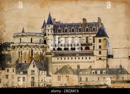 Château d'Amboise dans la vallée de la Loire, région de Touraine, France - série d'illustrations de style peint d'époque Banque D'Images