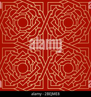 Motif géométrique abstrait doré décoratif sans couture sur fond rouge. Ornement oriental traditionnel. Illustration vectorielle. Illustration de Vecteur