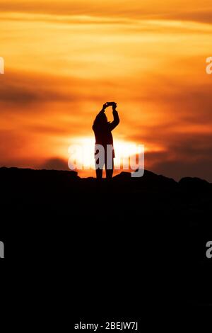 Une femme prend une photo avec son smartphone sur les rochers au coucher du soleil sur la plage de Polzeath sur la côte nord de Cornwall. Banque D'Images