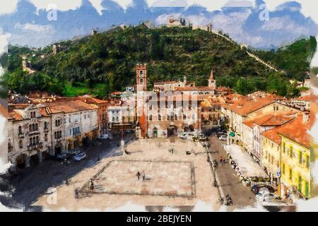 Marostica - charmante ville médiévale, appelant le village des échecs. Vénétie. Italie. Illustration de l'aquarelle Banque D'Images
