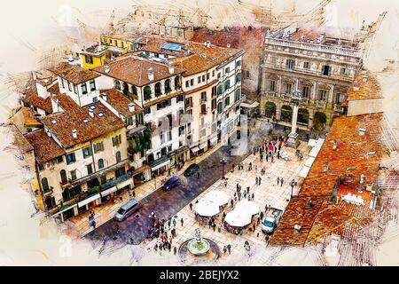 Vue aérienne de la Piazza Delle Erbe depuis Torre dei Lamberti. Vérone, Italie. Illustration du style d'esquisse Aquaelle. Banque D'Images