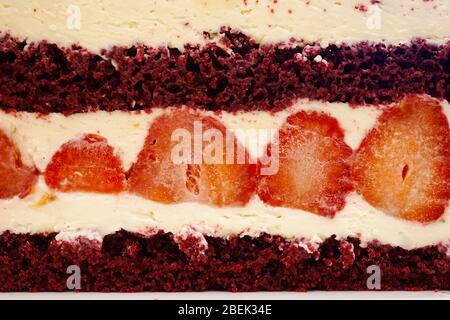 une tranche de gâteau en velours rouge. Tranche de gâteau rapprochée. Chocolat rubis et fraise. Banque D'Images