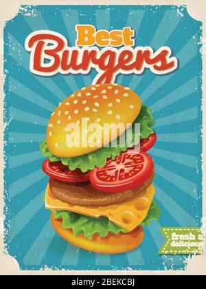 Affiche Best Burgers vectorielle de style vintage fastfood. Illustration de Vecteur