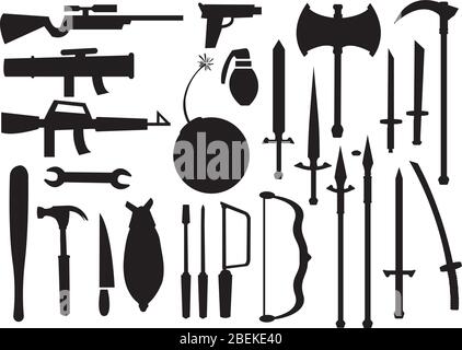 Silhouette noire de différents types d'outils et d'armes sur fond blanc. Illustration vectorielle. Illustration de Vecteur